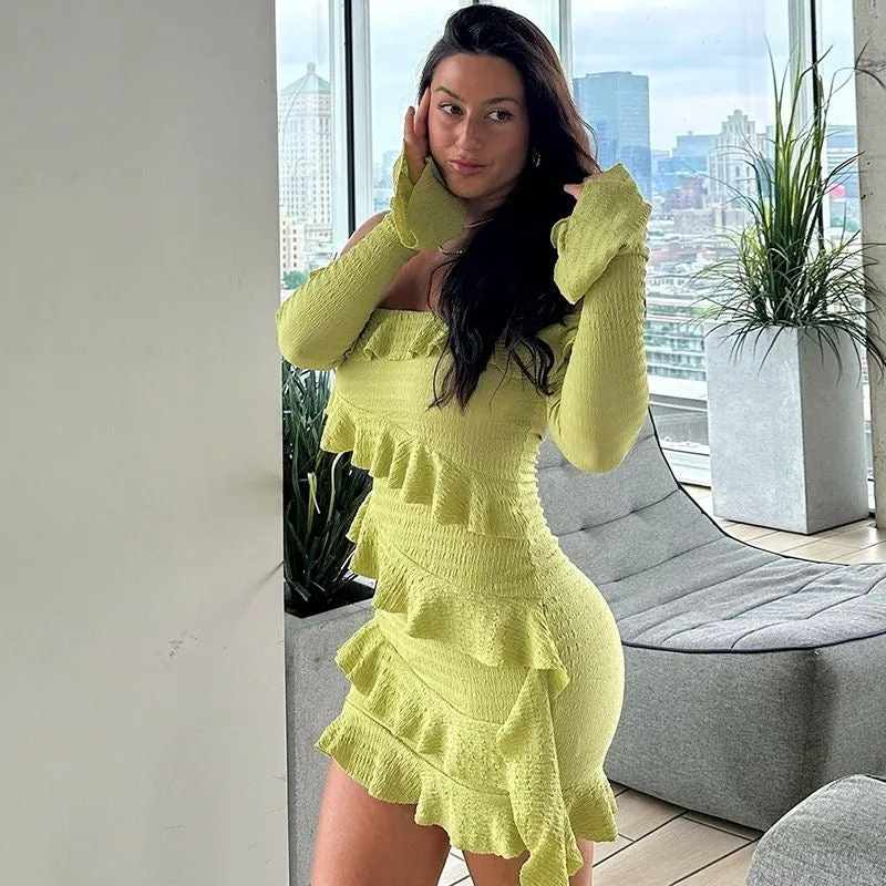 Europe and America Hot-Selling 2024 Autumn New Fashion One-Shoulder Ruffle Flare Sleeve and Bow Tie Dress, Wholesale Foreign Trade