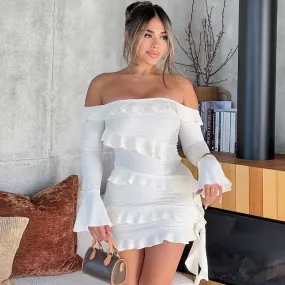 Europe and America Hot-Selling 2024 Autumn New Fashion One-Shoulder Ruffle Flare Sleeve and Bow Tie Dress, Wholesale Foreign Trade