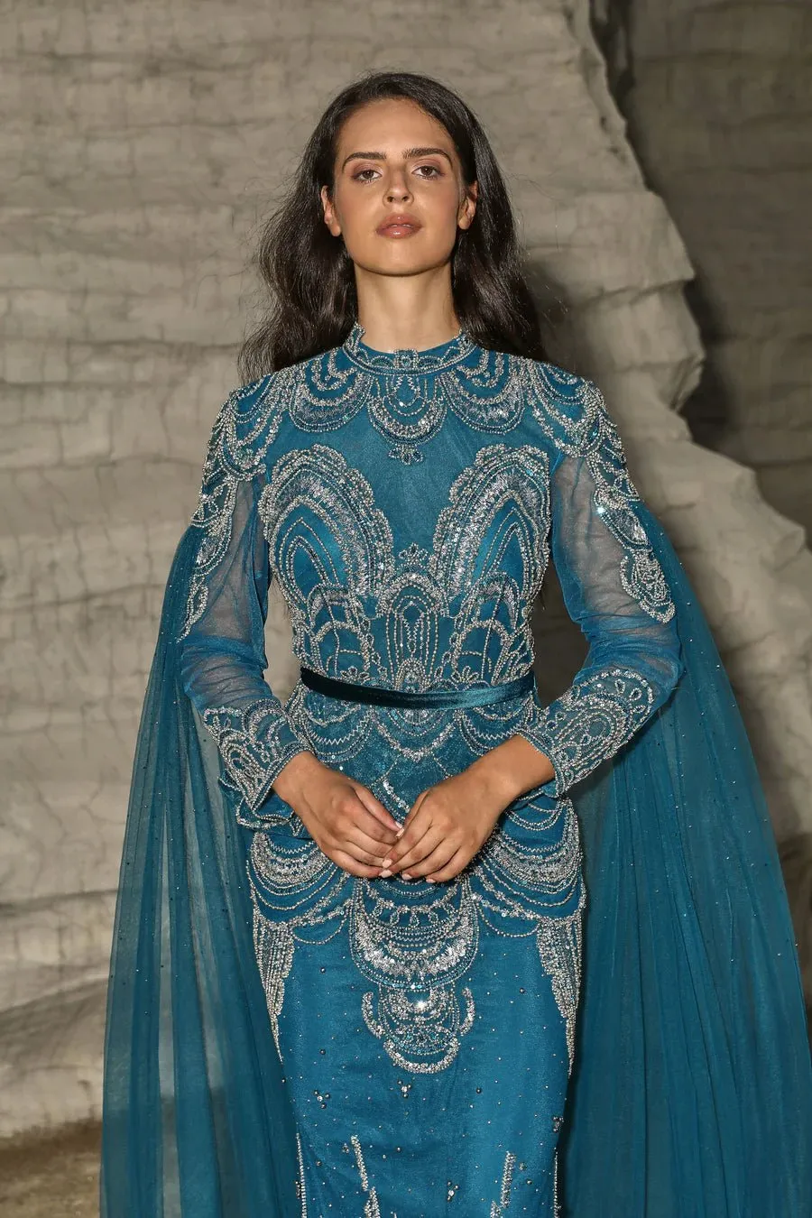 Gothic Turquoise Sequin Evening Gown with Cape Sleeves and High Slit - Designer Sequin Dress and Pretty Sequin Dress Plus Size