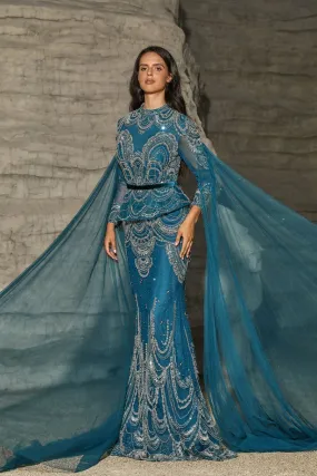 Gothic Turquoise Sequin Evening Gown with Cape Sleeves and High Slit - Designer Sequin Dress and Pretty Sequin Dress Plus Size
