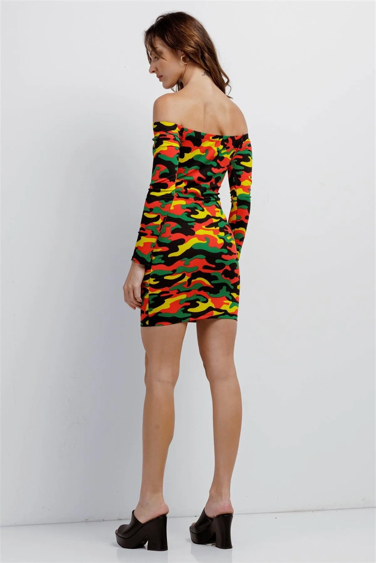 Green & Yellow Camo Ribbed Off-The-Shoulder Button Down Bodycon Mini Dress /2-2-2