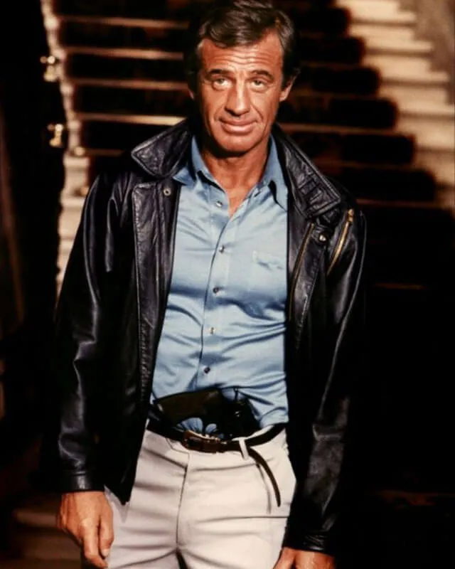 Professional Jean-Paul Belmondo Blue Leather Jacket Classic Style