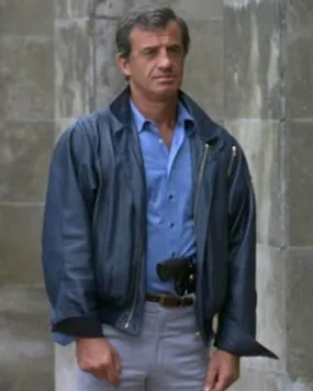 Professional Jean-Paul Belmondo Blue Leather Jacket Classic Style