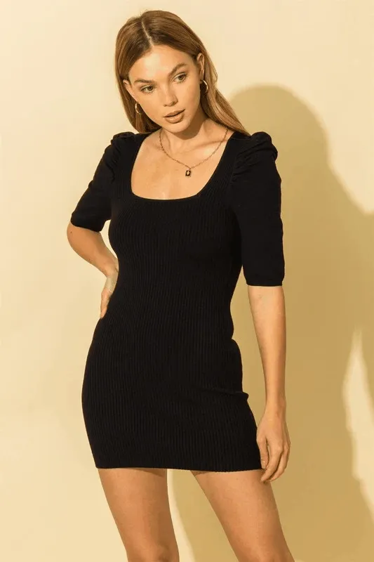 puff shoulder ribbed knit bodycon dress