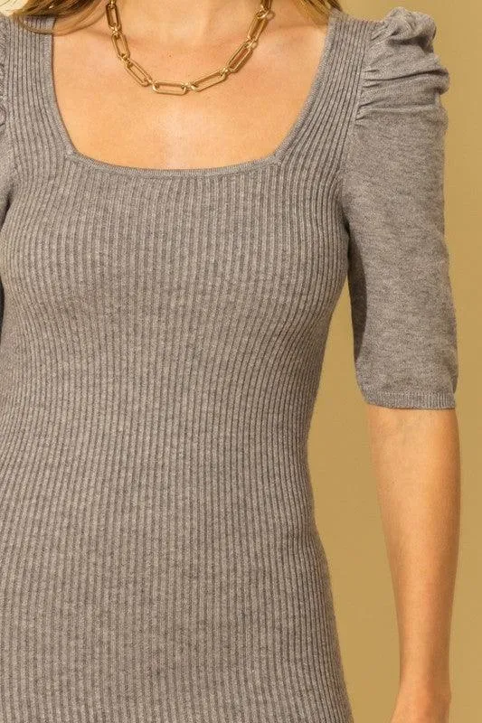puff shoulder ribbed knit bodycon dress
