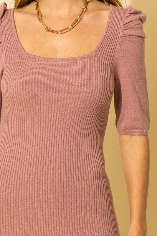 puff shoulder ribbed knit bodycon dress