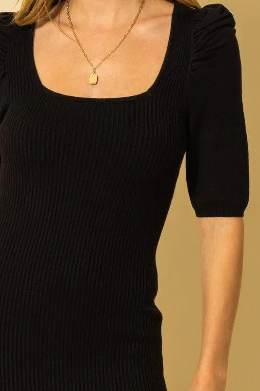 puff shoulder ribbed knit bodycon dress
