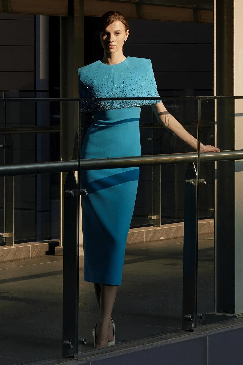 Salford Sheath Cape Shoulder Foam Midi Dress