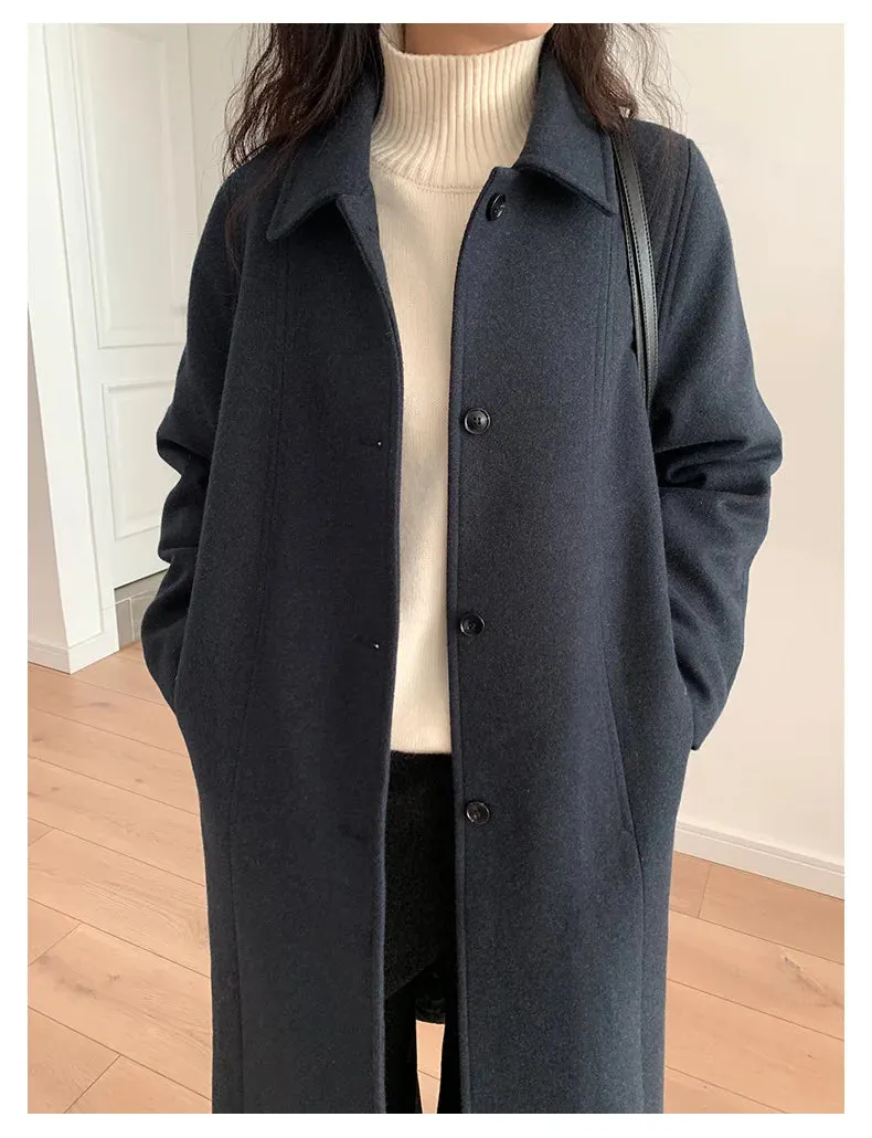 Solid Loose Elegant Wool Lapel Long Sleeve Long Coat