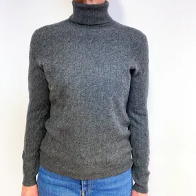 Steel Grey Cashmere Cable Knit Polo Neck Jumper Medium